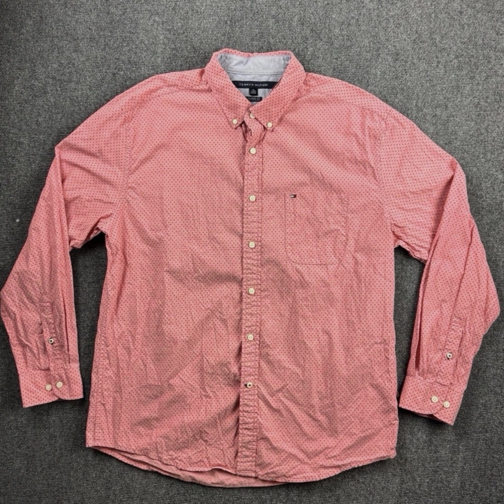 Tommy Hilfiger Shirt Men's XL Polka Dot Cotton Long Sleeve Classic Fit Red